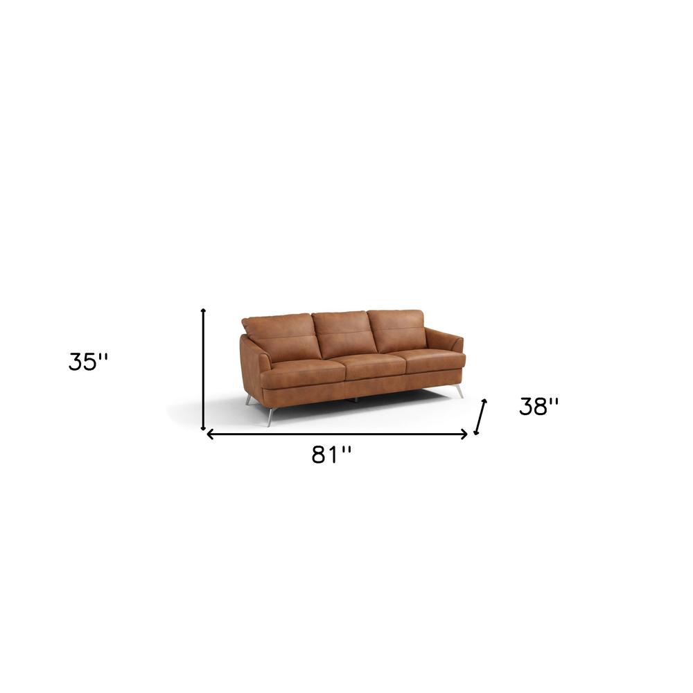 81" Camel Leather And Black Sofa. Picture 5