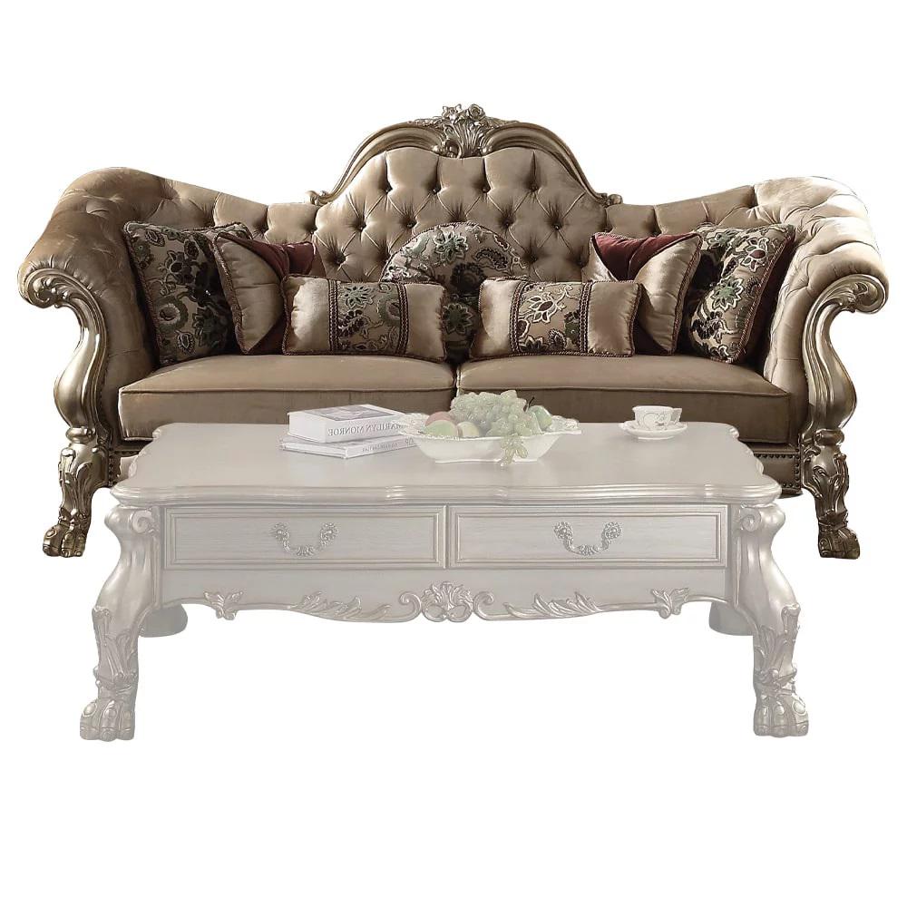 96" Bone Polyurethane, Velvet And Gold Sofa With Seven Toss Pillows. Picture 4