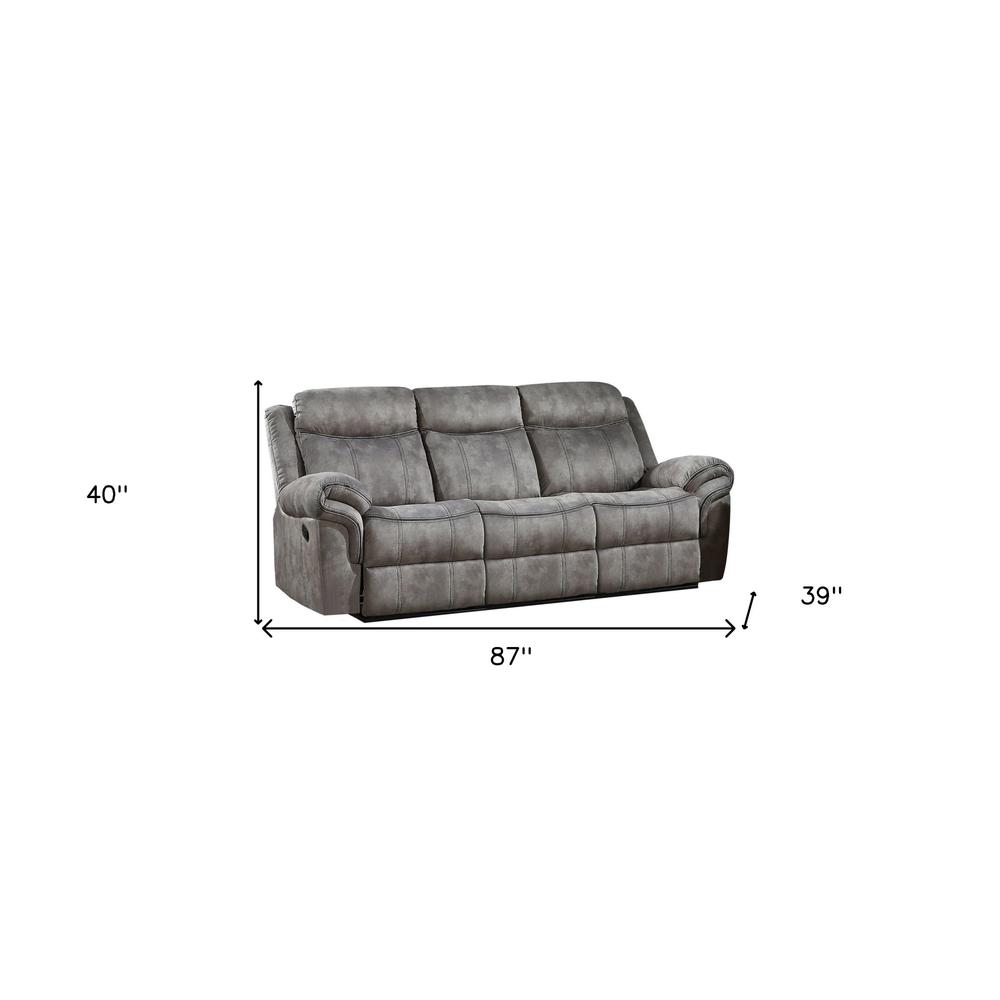 87" Gray And Black Velvet Reclining USB Sofa. Picture 4