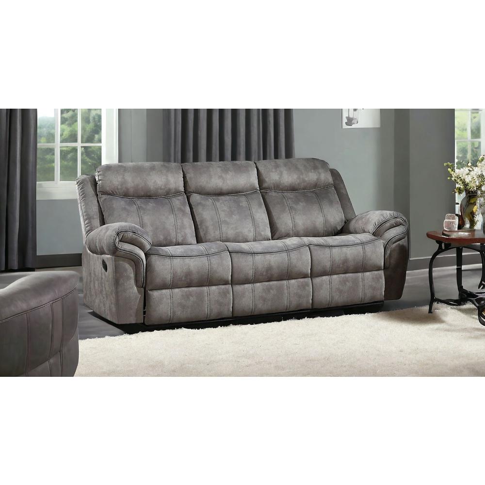 87" Gray And Black Velvet Reclining USB Sofa. Picture 2