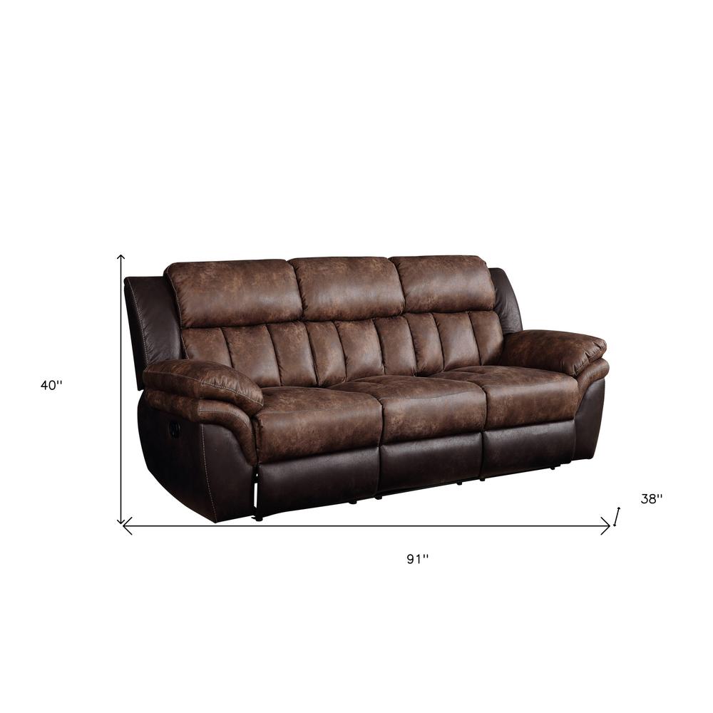 91" Espresso And Black Microfiber Reclining Sofa. Picture 4