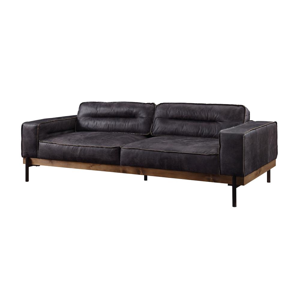 96" Antique Ebony Black Top Grain Leather Sofa. Picture 1