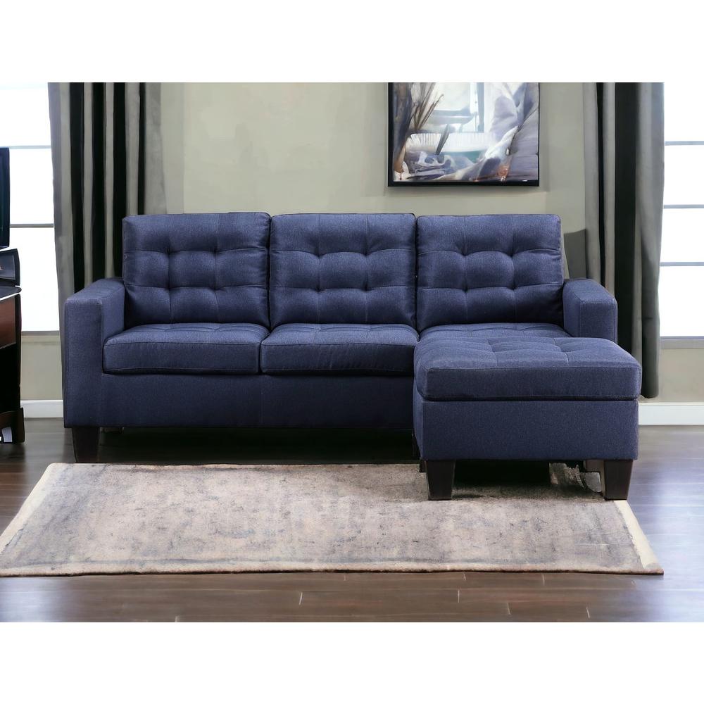 81" Blue Linen And Black Sofa. Picture 2