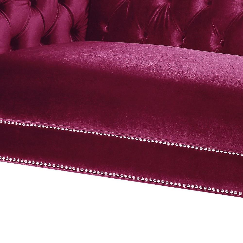 89" Burgundy Velvet And Black Sofa With Two Toss Pillows. Picture 3