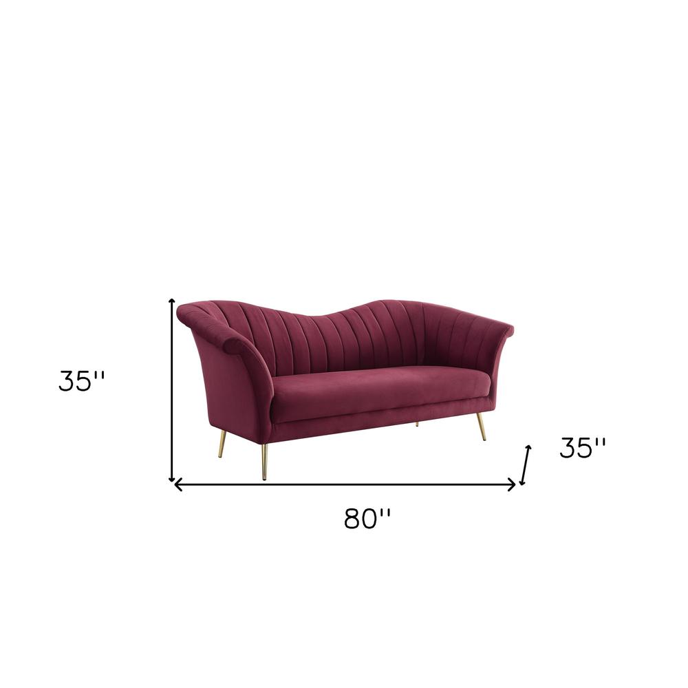 80" Red Velvet And Gold Sofa. Picture 7