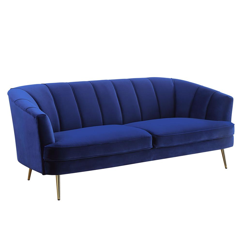 78" Blue Velvet And Gold Sofa. Picture 1
