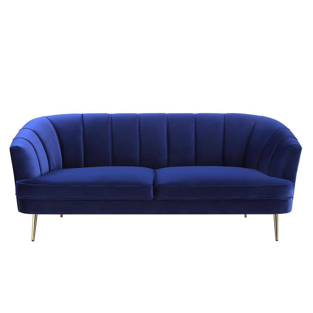78" Blue Velvet And Gold Sofa. Picture 3