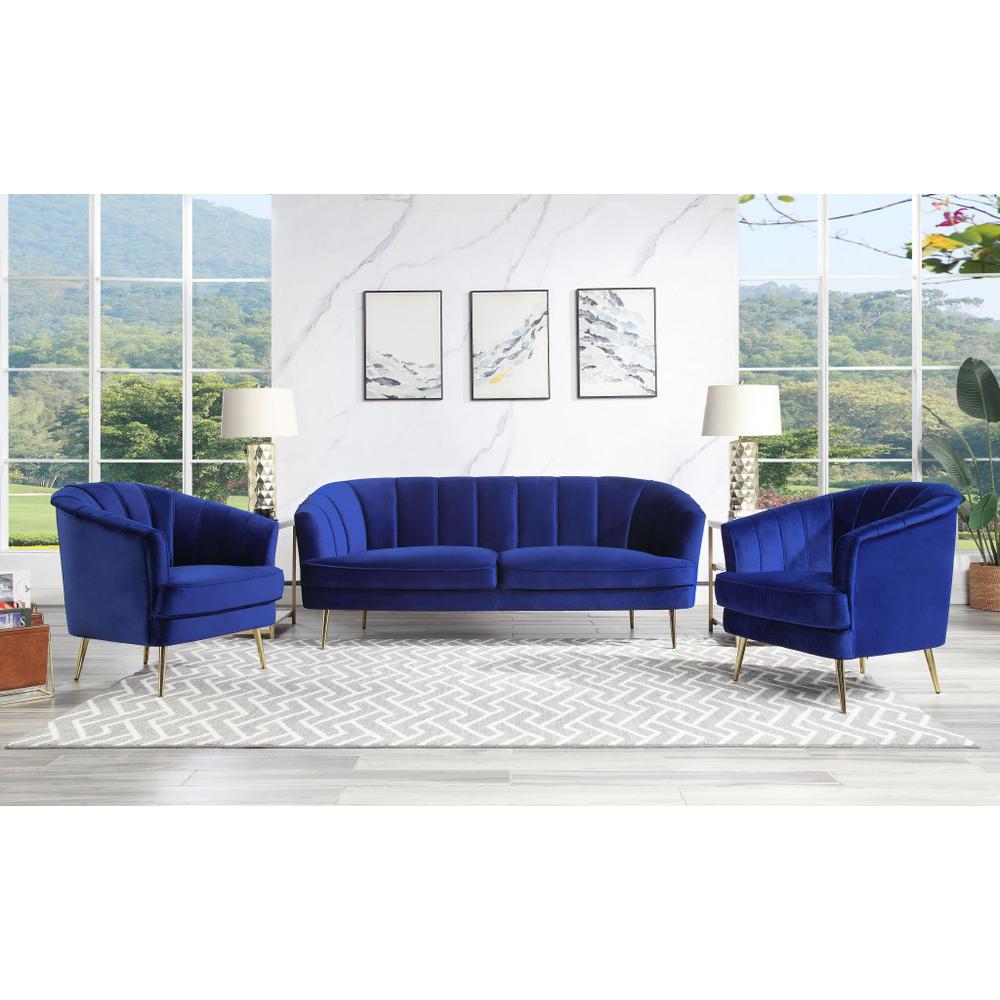 78" Blue Velvet And Gold Sofa. Picture 6