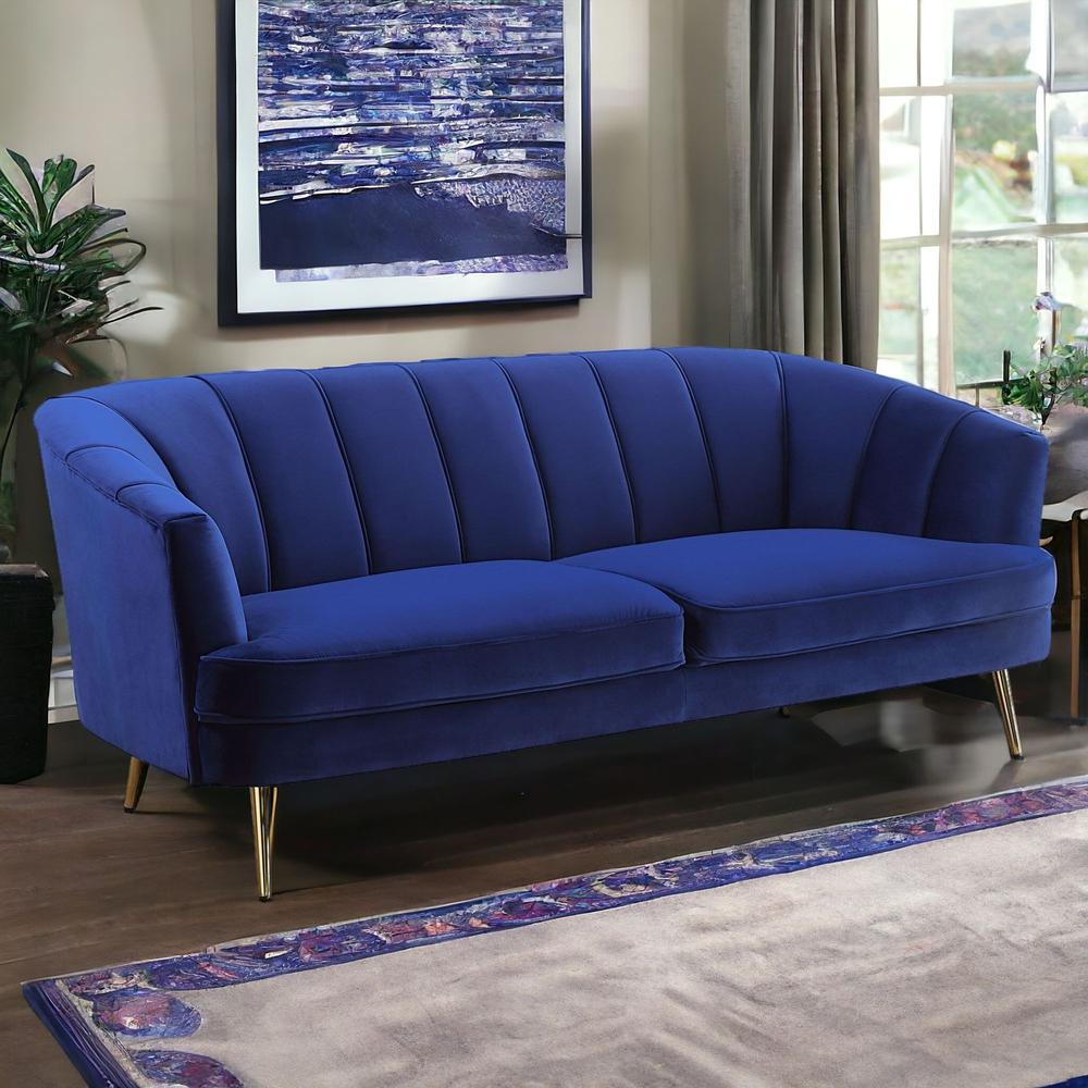 78" Blue Velvet And Gold Sofa. Picture 2