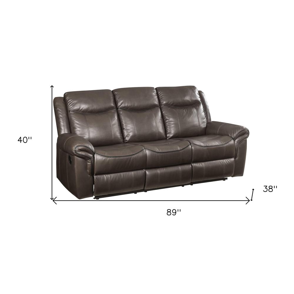 89" Brown And Black Faux Leather Reclining USB Sofa. Picture 4