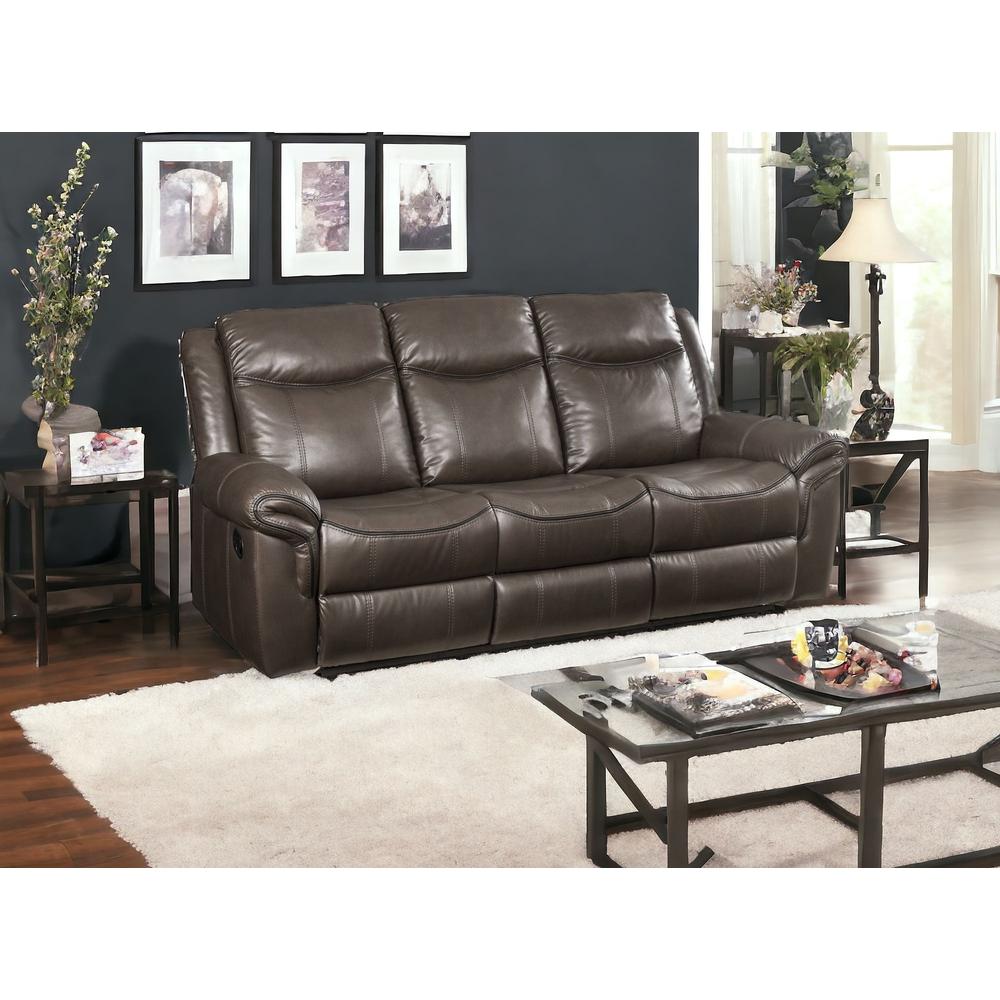 89" Brown And Black Faux Leather Reclining USB Sofa. Picture 2