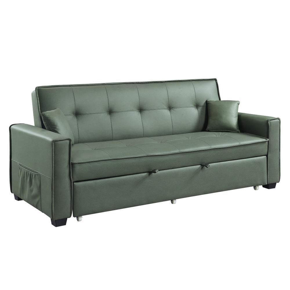 82" Green Velvet And Black Sleeper Sofa With Two Toss Pillows. Picture 1