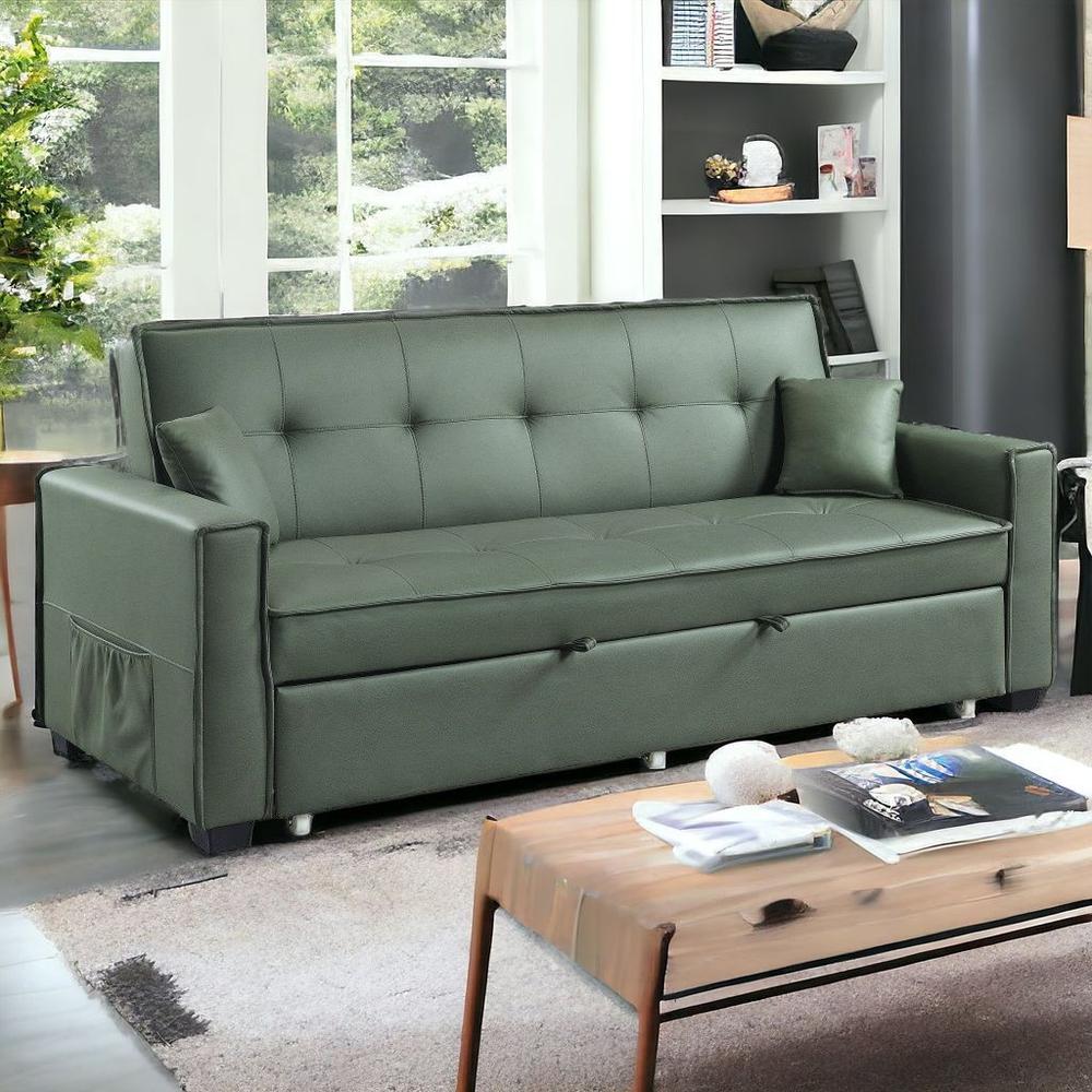 82" Green Velvet And Black Sleeper Sofa With Two Toss Pillows. Picture 2
