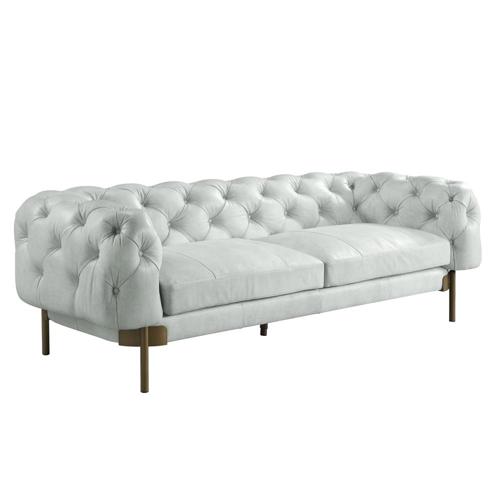 96" Vintage White Top Grain Leather And Gold Sofa. Picture 1