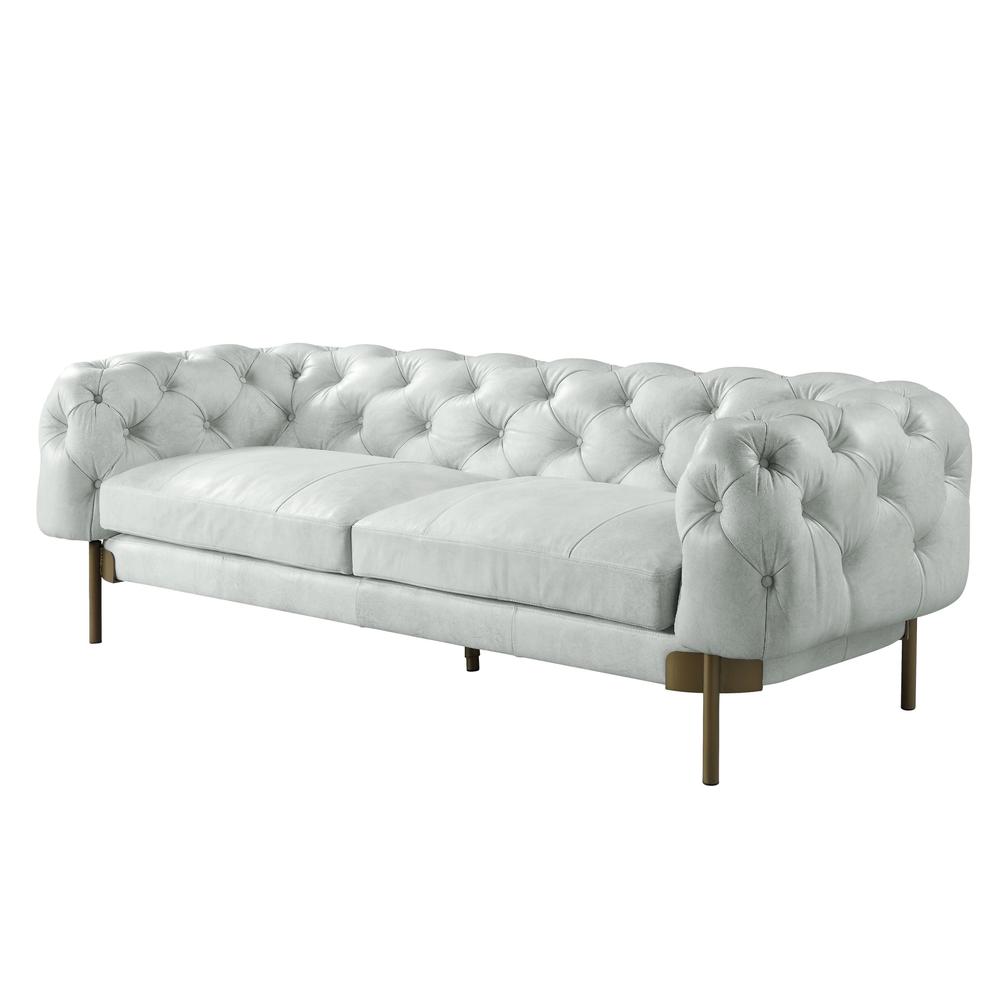 96" Vintage White Top Grain Leather And Gold Sofa. Picture 3