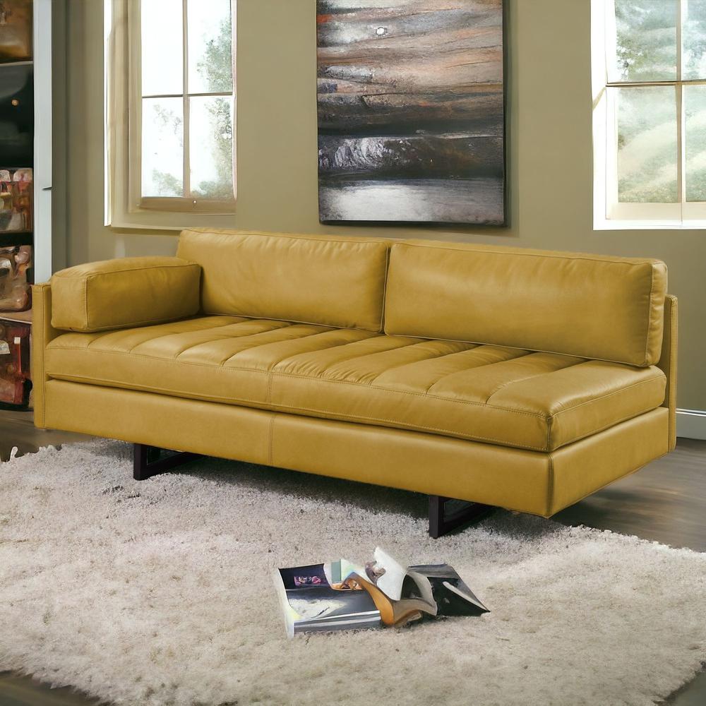 74" Turmeric Top Grain Leather And Black Sofa. Picture 2