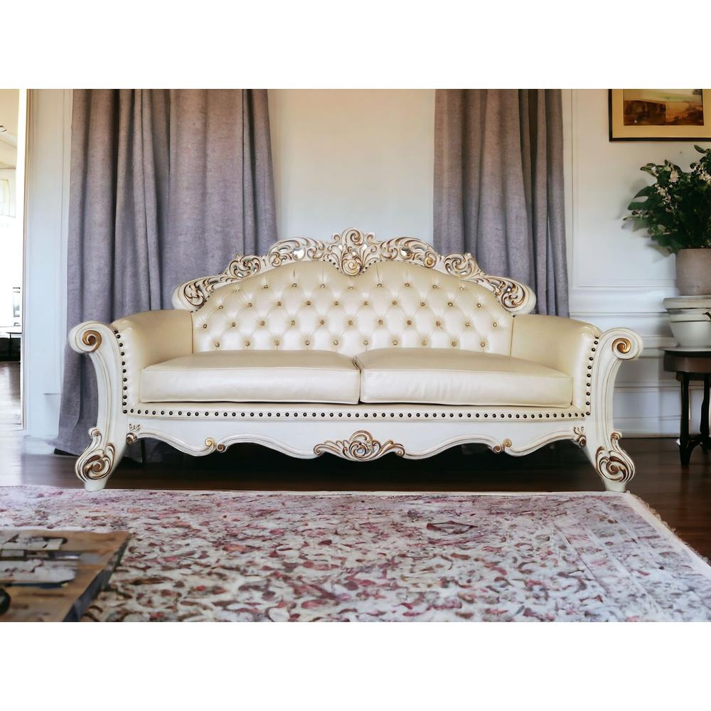 96" Champagne Faux Leather And Pearl Sofa With Five Toss Pillows. Picture 2