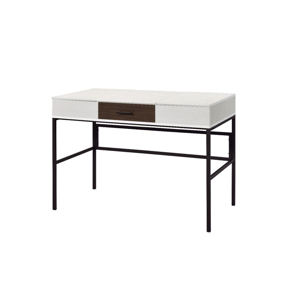 42" White Natural Wood and Black Rectangular Writing Desk with USB. Picture 1