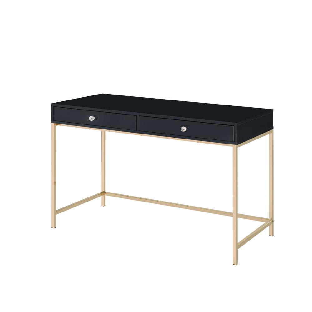 47" Black And Gold Wood Writing Desk With Two Drawers. Picture 1