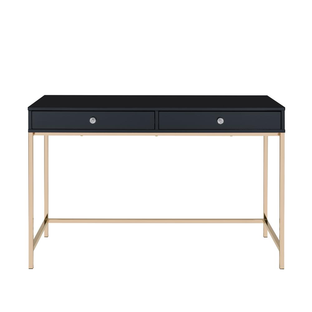 47" Black And Gold Wood Writing Desk With Two Drawers. Picture 2
