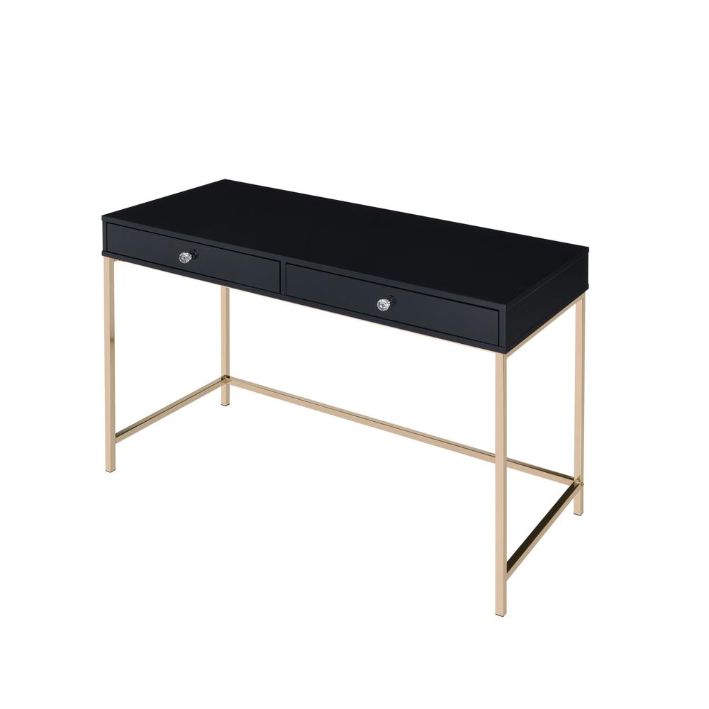 47" Black And Gold Wood Writing Desk With Two Drawers. Picture 3