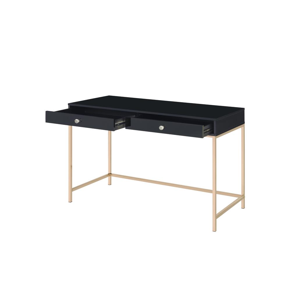 47" Black And Gold Wood Writing Desk With Two Drawers. Picture 4