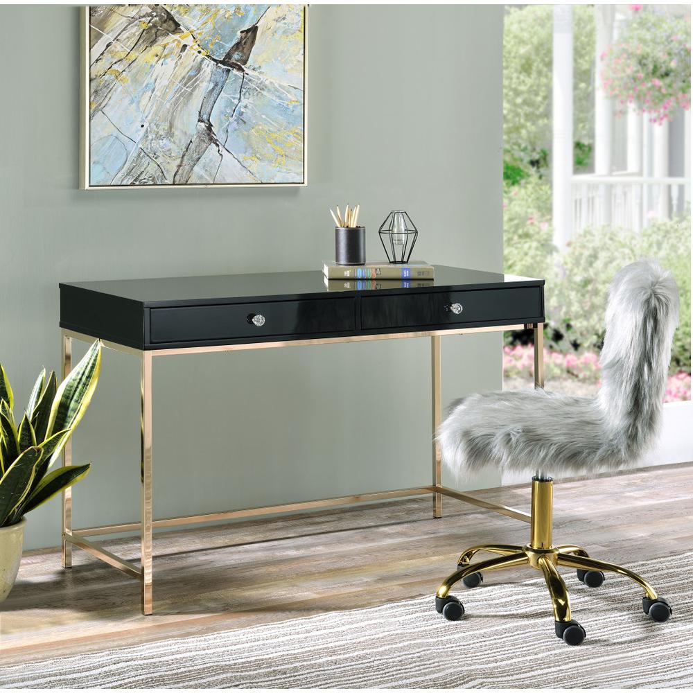 47" Black And Gold Wood Writing Desk With Two Drawers. Picture 6