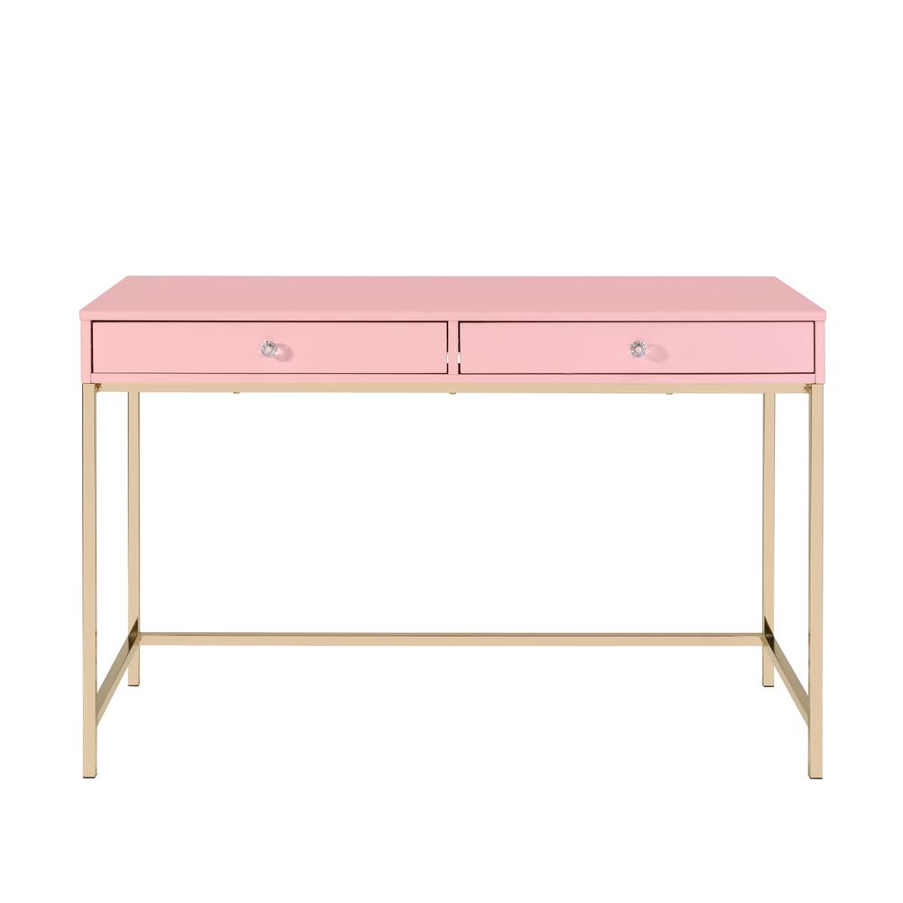 47" Pink And Gold Glam Rectangular Writing Desk With Two Drawers. Picture 2