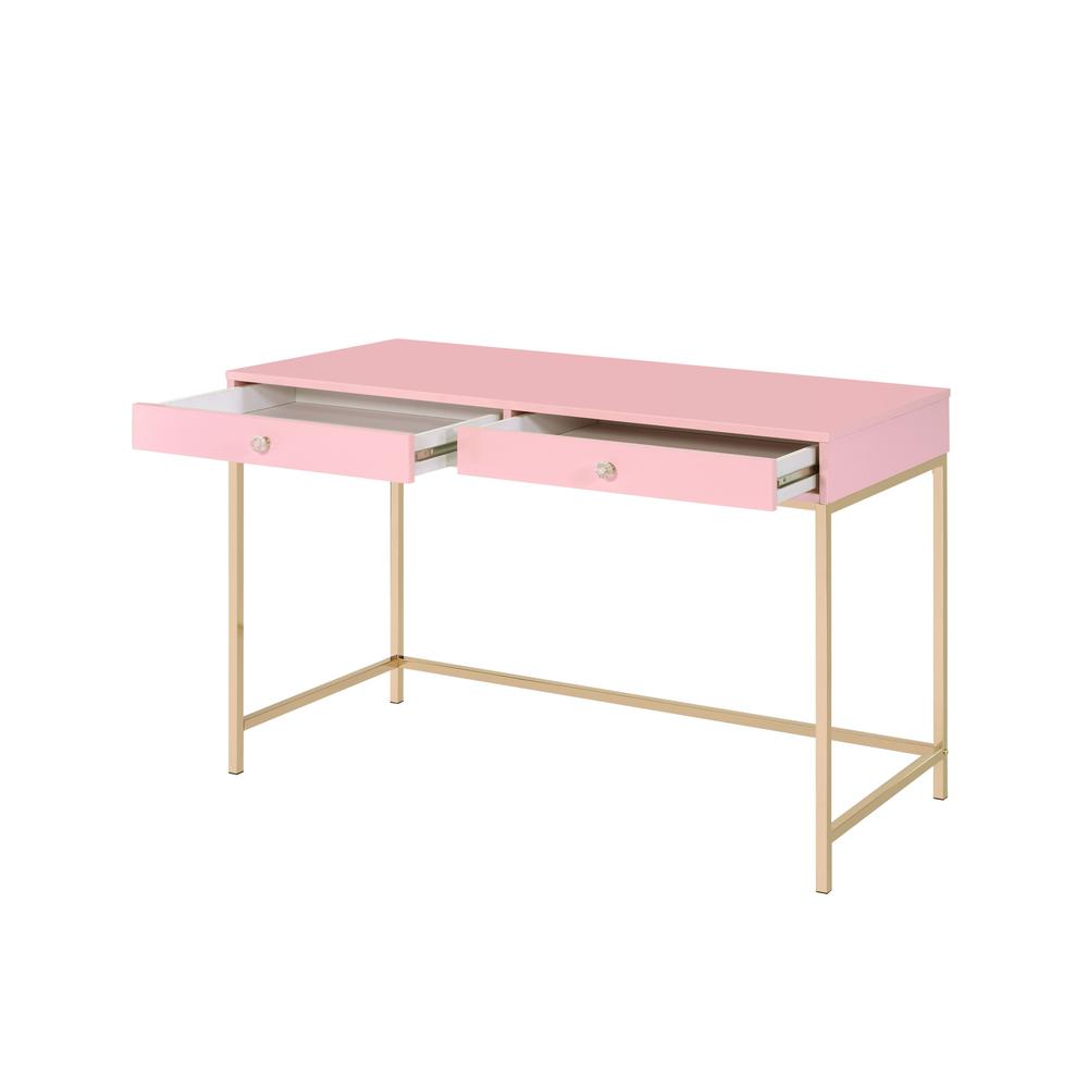 47" Pink And Gold Glam Rectangular Writing Desk With Two Drawers. Picture 4