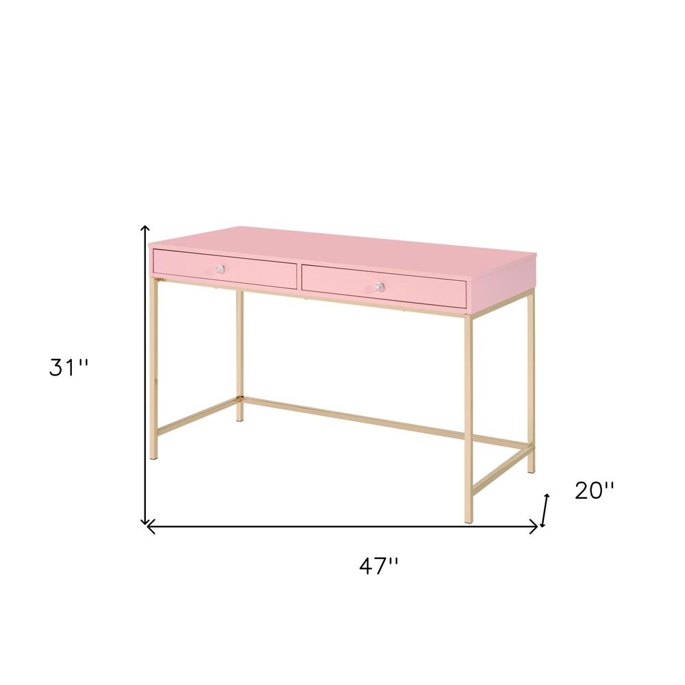 47" Pink And Gold Glam Rectangular Writing Desk With Two Drawers. Picture 7