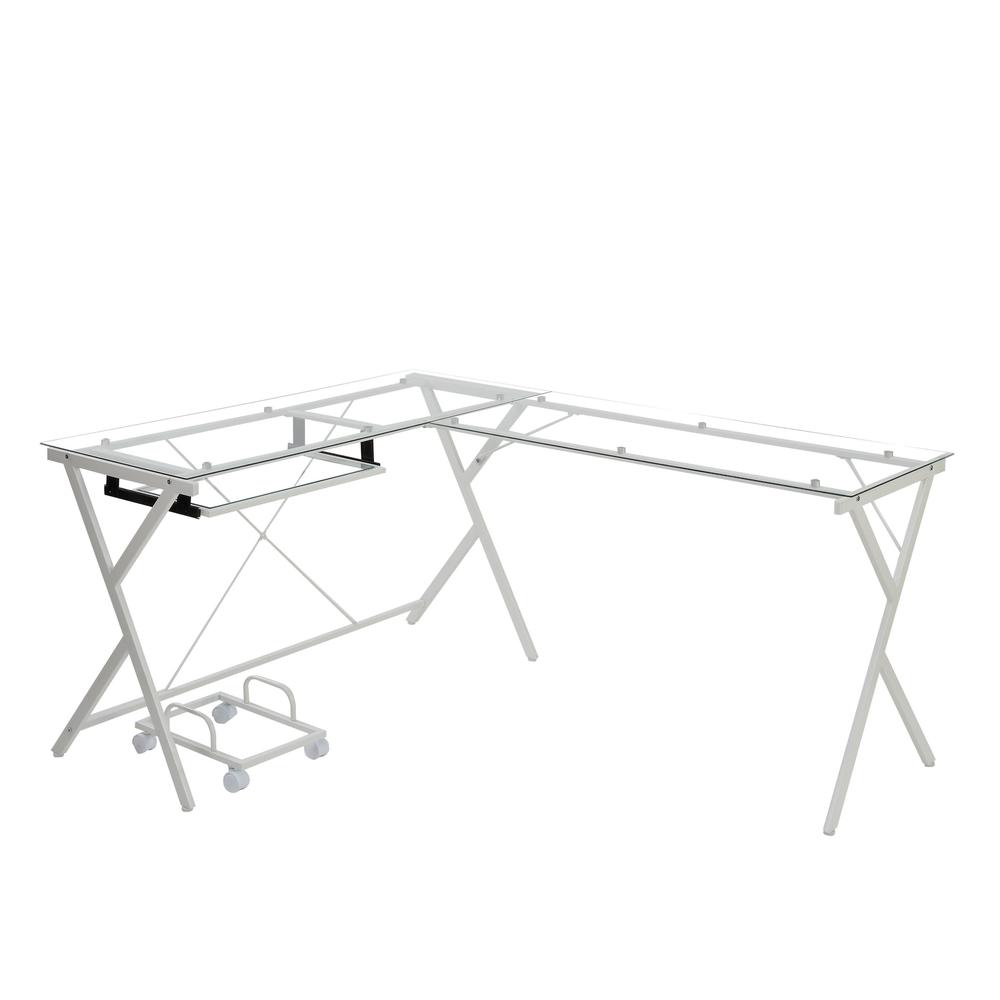 62" Clear Glass And White Metal L Shape Computer Desk. Picture 1