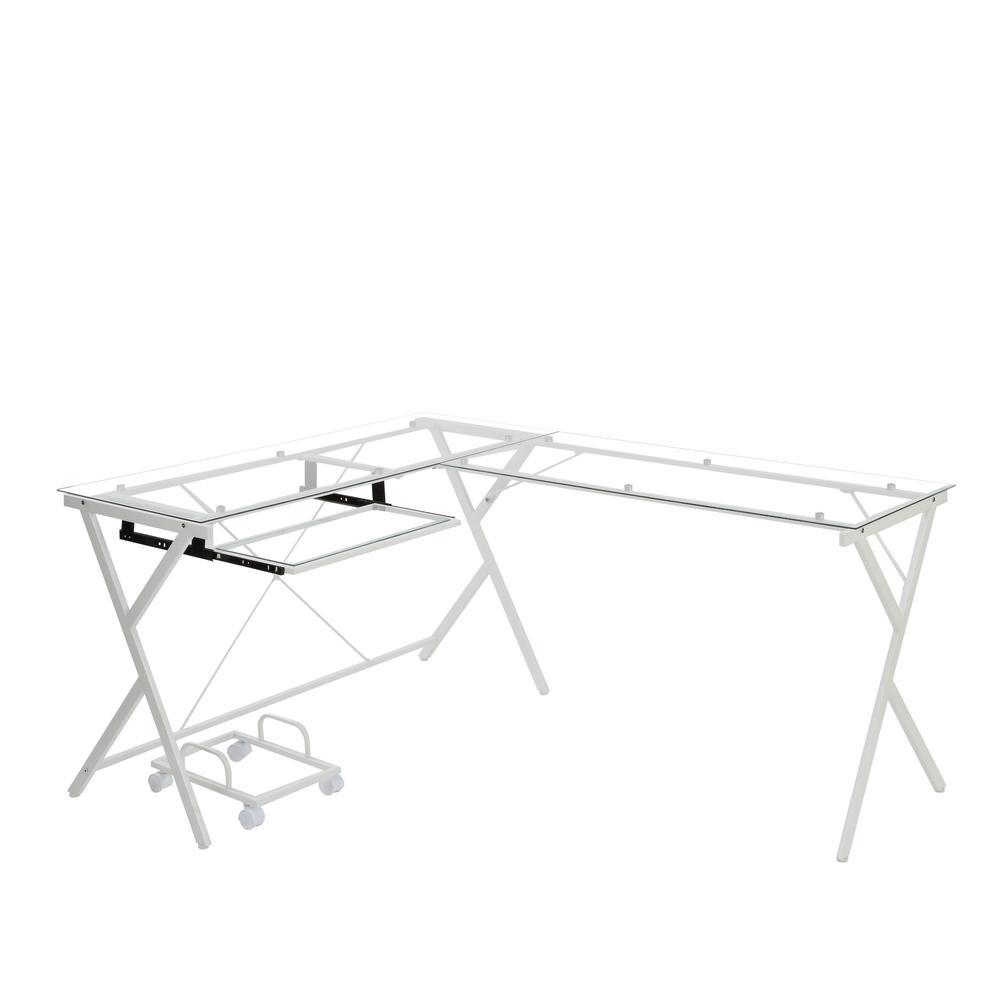 62" Clear Glass And White Metal L Shape Computer Desk. Picture 6