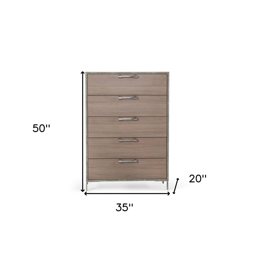 35" Brown Oak And Grey Solid And Manufactured Wood Five Drawer Chest. Picture 7