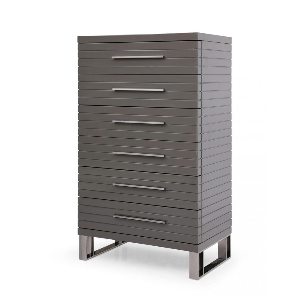 30" Grey Manufactured Wood + Solid Wood Stainless Steel Six Drawer Chest. Picture 1