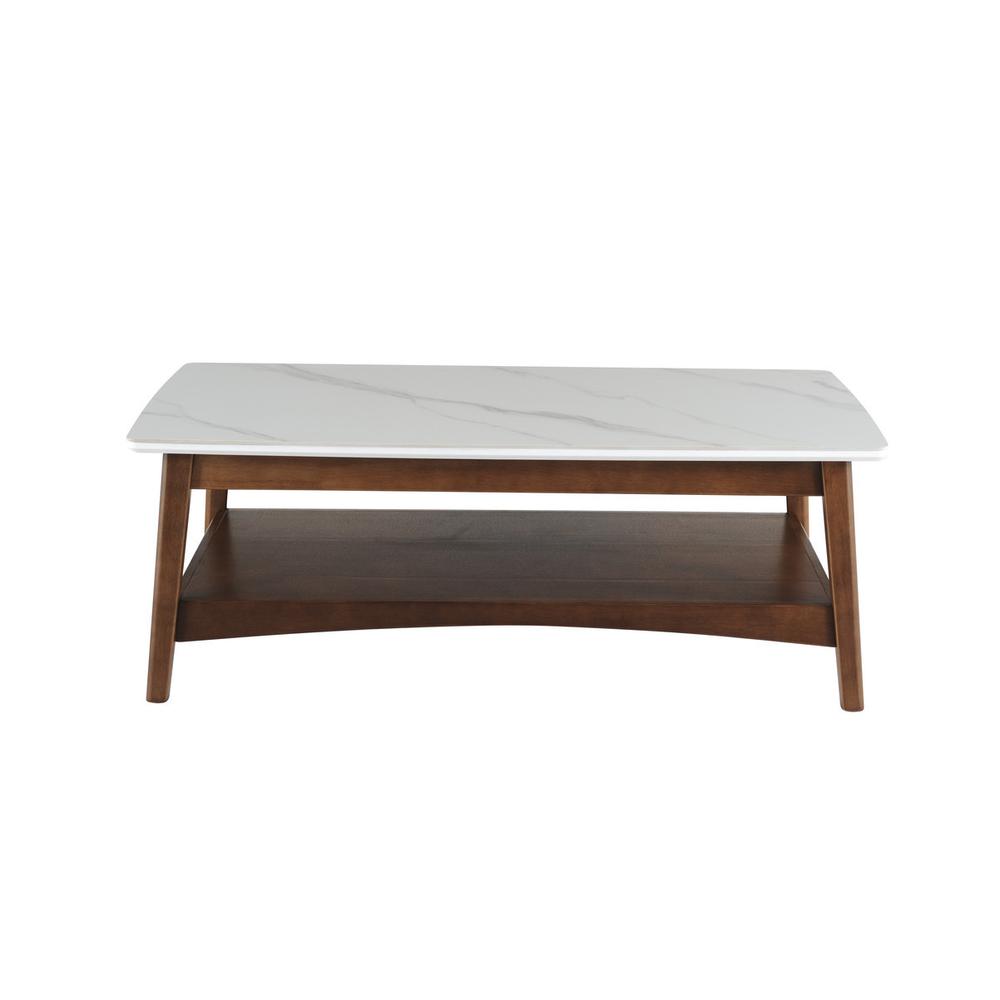 48" Walnut And White Stone Rectangular Coffee Table With Shelf. Picture 1