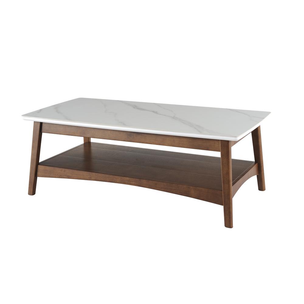 48" Walnut And White Stone Rectangular Coffee Table With Shelf. Picture 4