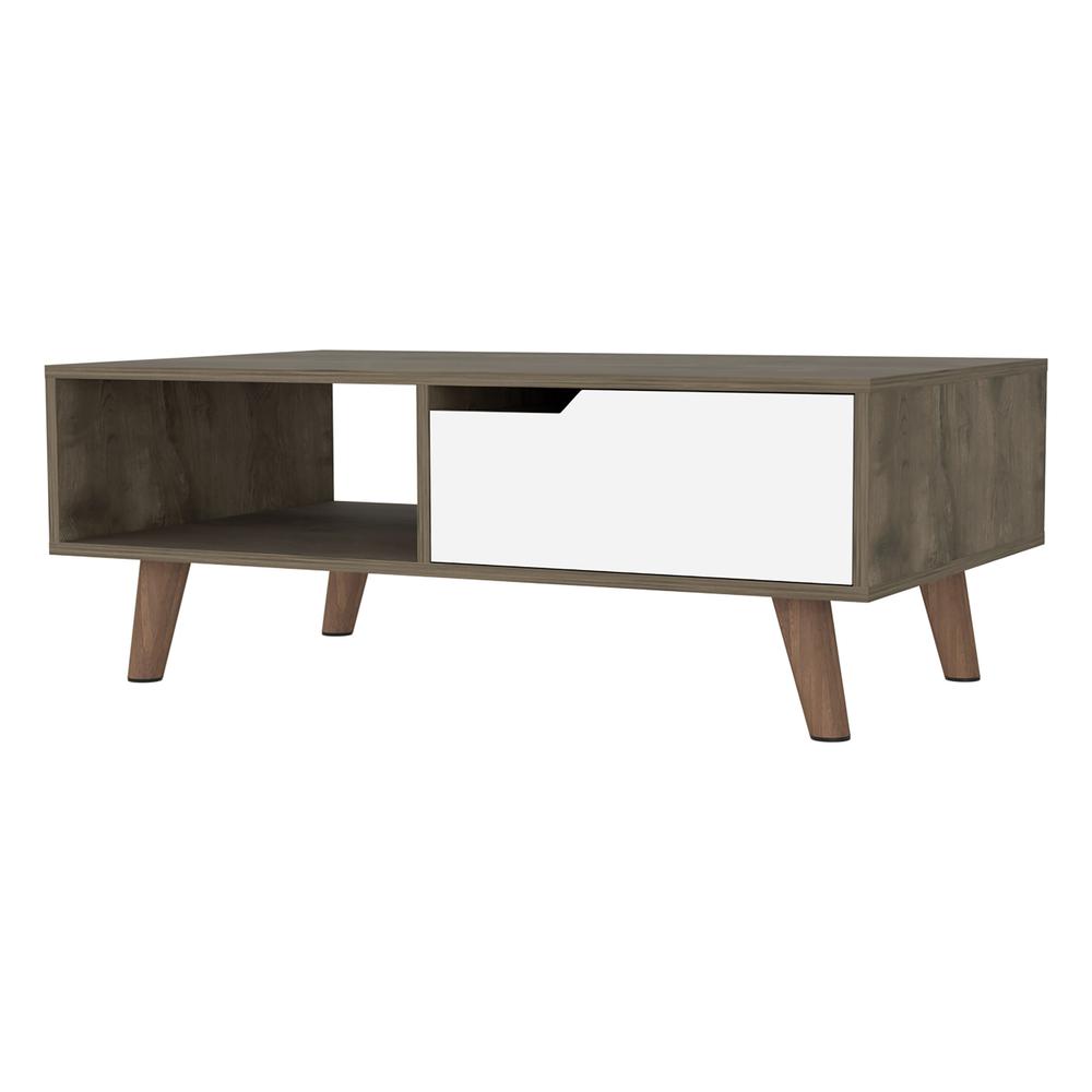40" Natural And Dark Brown And White Wood Rectangular Coffee Table With Shelf. Picture 1