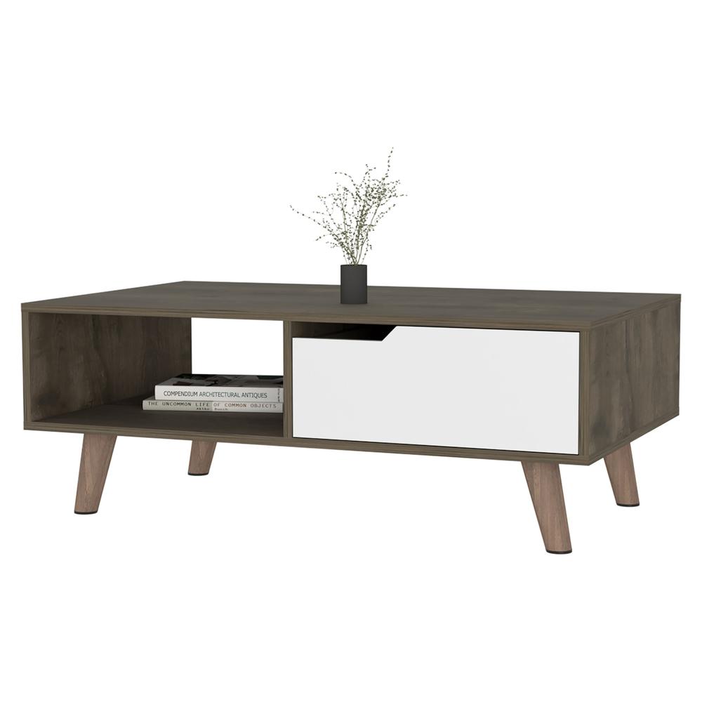 40" Natural And Dark Brown And White Wood Rectangular Coffee Table With Shelf. Picture 4