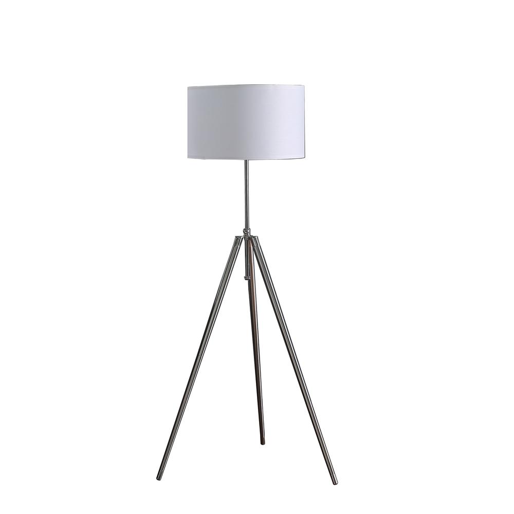 64" Chrome Adjustable Tripod Floor Lamp With White Shade. Picture 1
