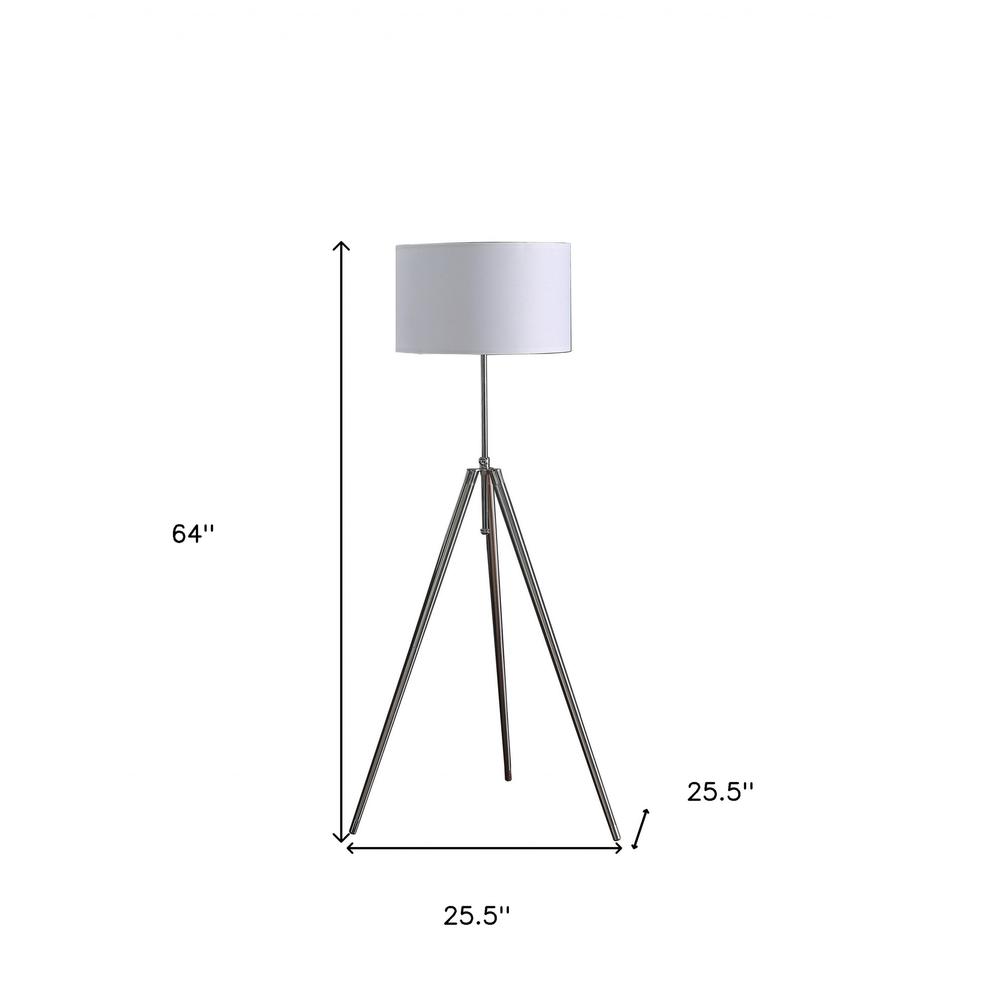 64" Chrome Adjustable Tripod Floor Lamp With White Shade. Picture 7