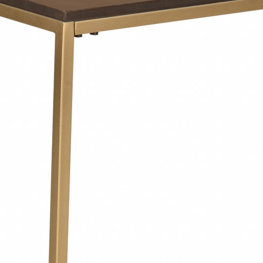 25" Gold And Elm Solid Wood Rectangular End Table. Picture 3