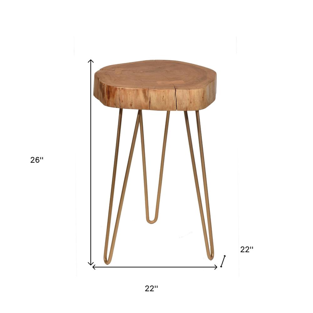 26" Gold And Natural Solid Wood Round End Table. Picture 5