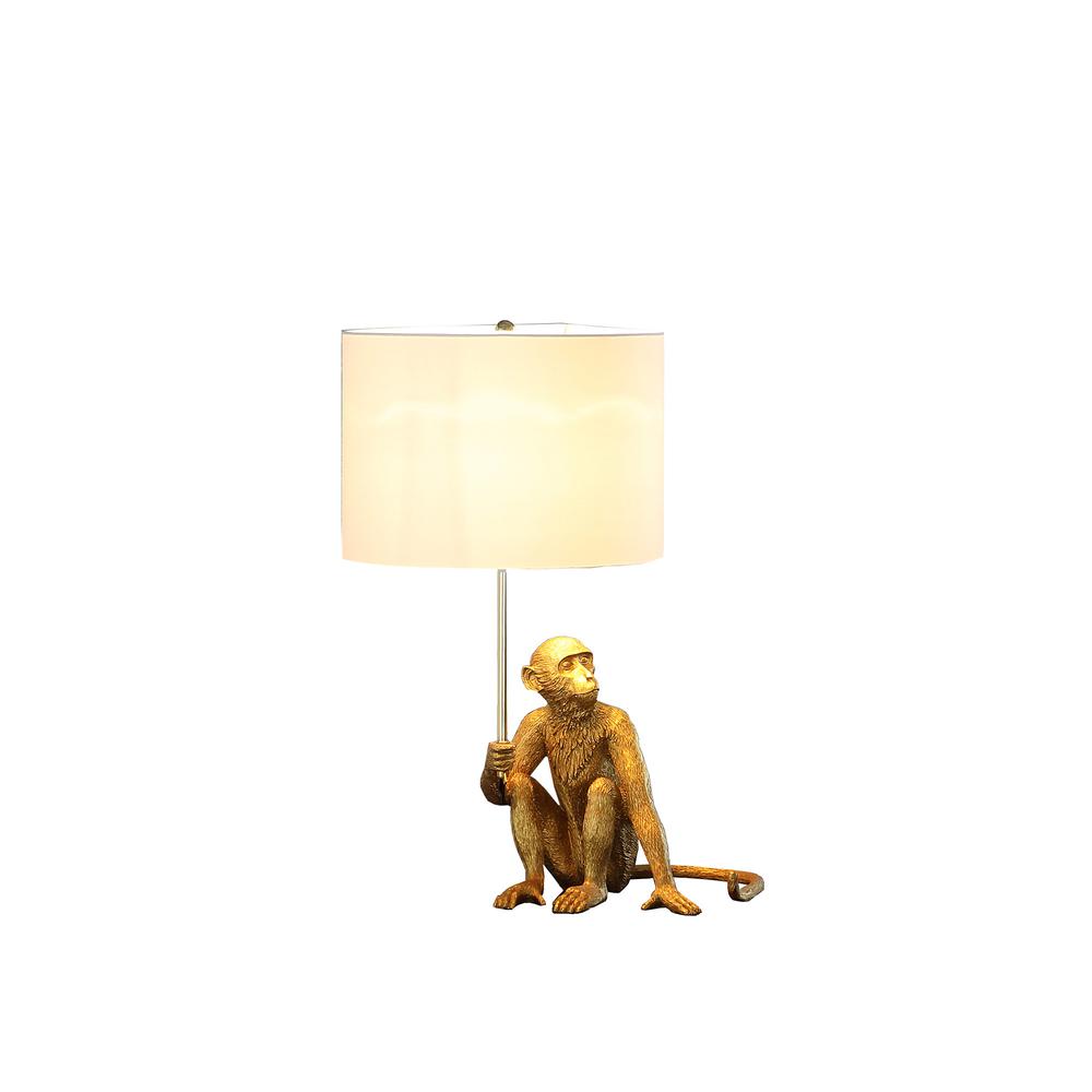 26" Antiqued Gold Sitting Monkey Table Lamp With White. Picture 1