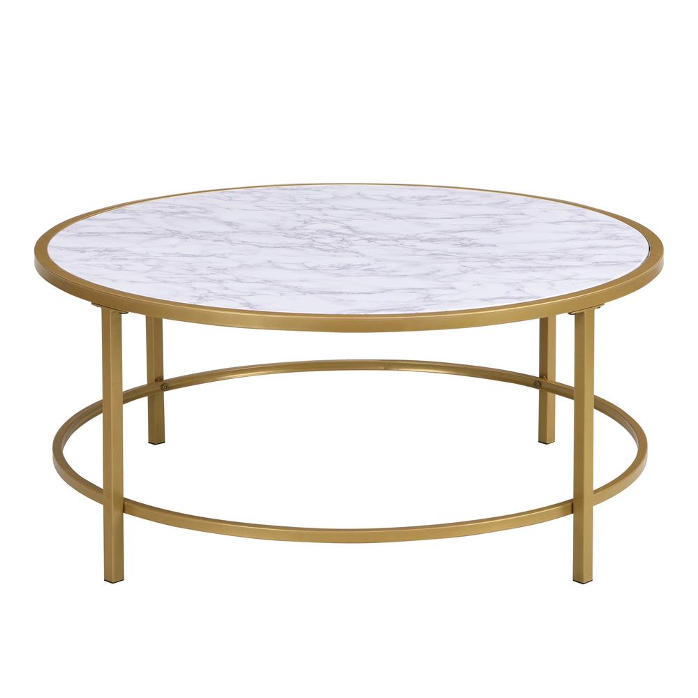 36" White And Gold Faux Marble Round Coffee Table. Picture 1