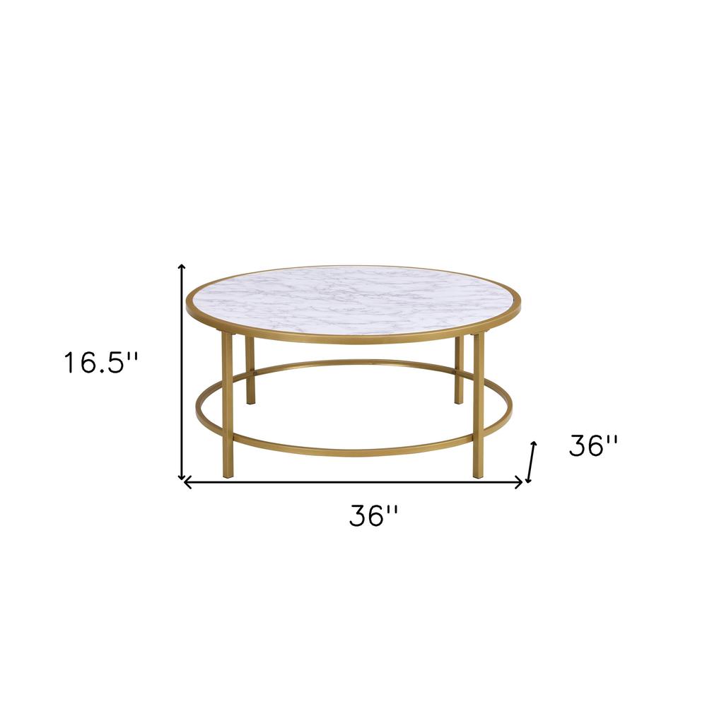 36" White And Gold Faux Marble Round Coffee Table. Picture 5