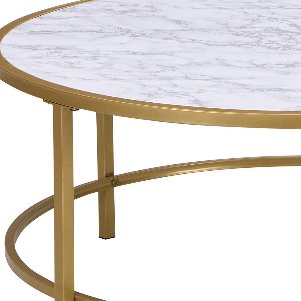 36" White And Gold Faux Marble Round Coffee Table. Picture 3