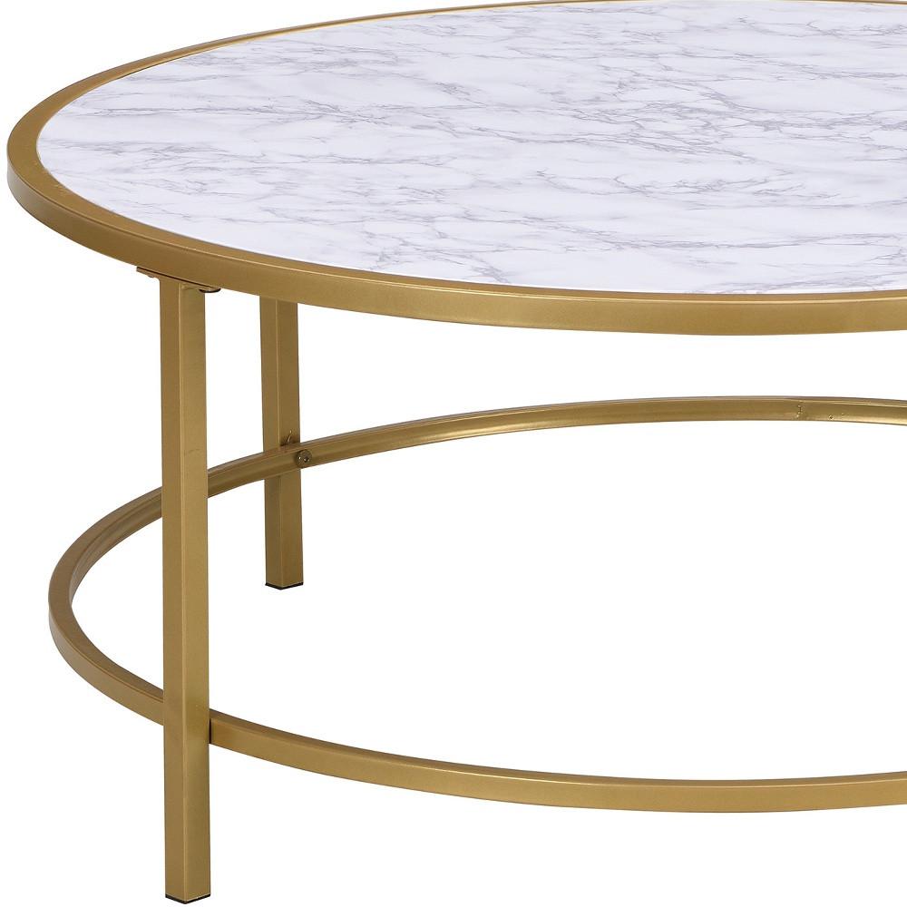 36" White And Gold Faux Marble Round Coffee Table. Picture 4