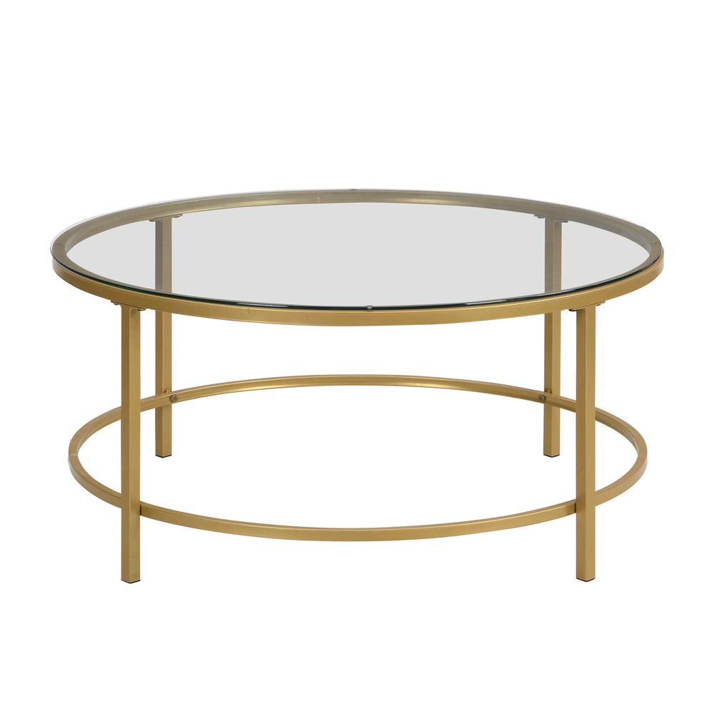36" Gold And Clear Glass Round Coffee Table. Picture 1