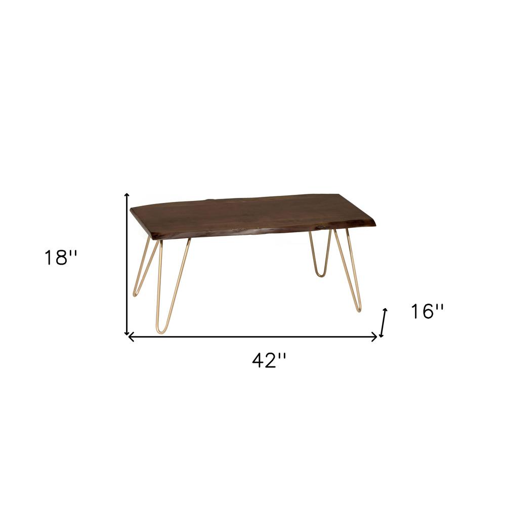 42" Gold And Rustic Brown Solid Wood Live Edge Rectangular Coffee Table. Picture 5