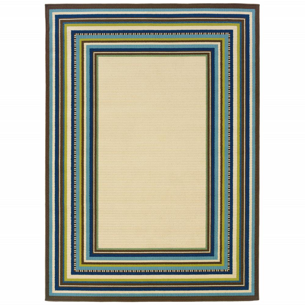 2' X 4' Ivory and Blue Striped Stain Resistant Indoor Outdoor Area Rug. Picture 1
